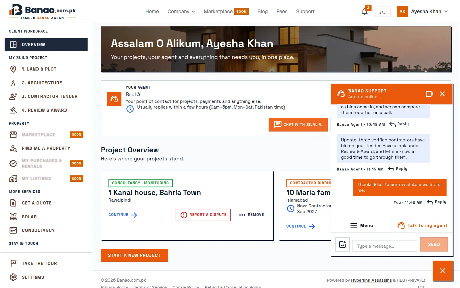 A client messaging their Banao agent from the dashboard