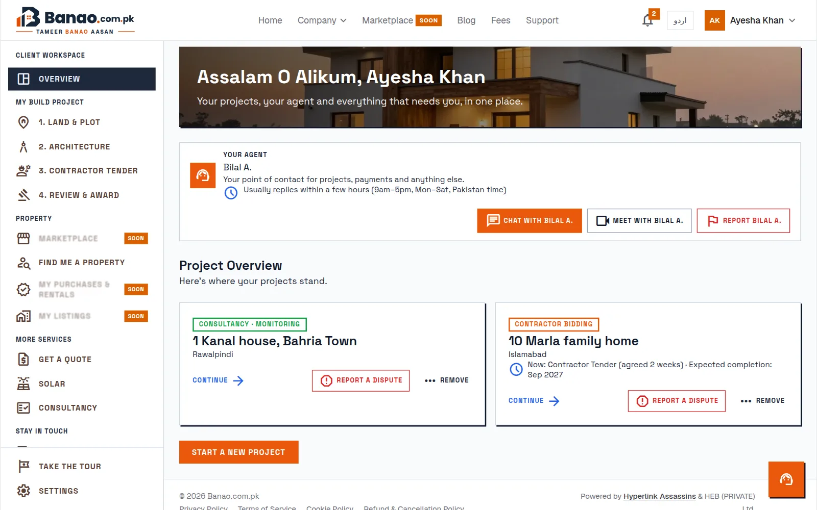 A client's Banao dashboard: their assigned agent and their project's current stage