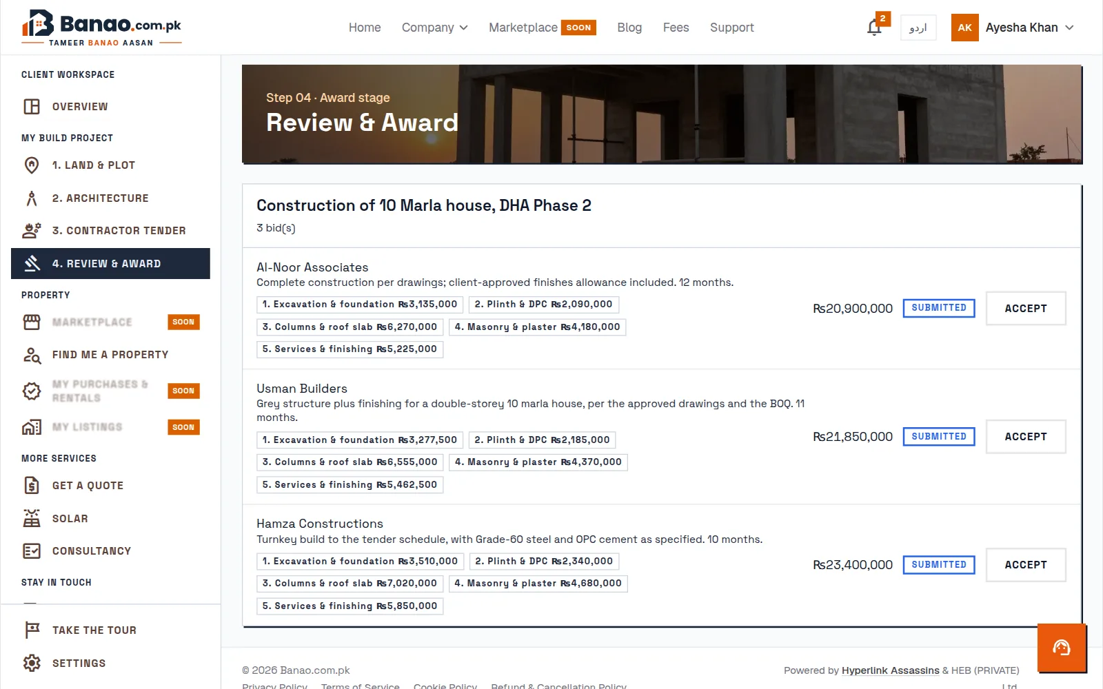 Review & Award: three contractor bids on one tender, each split into payment milestones