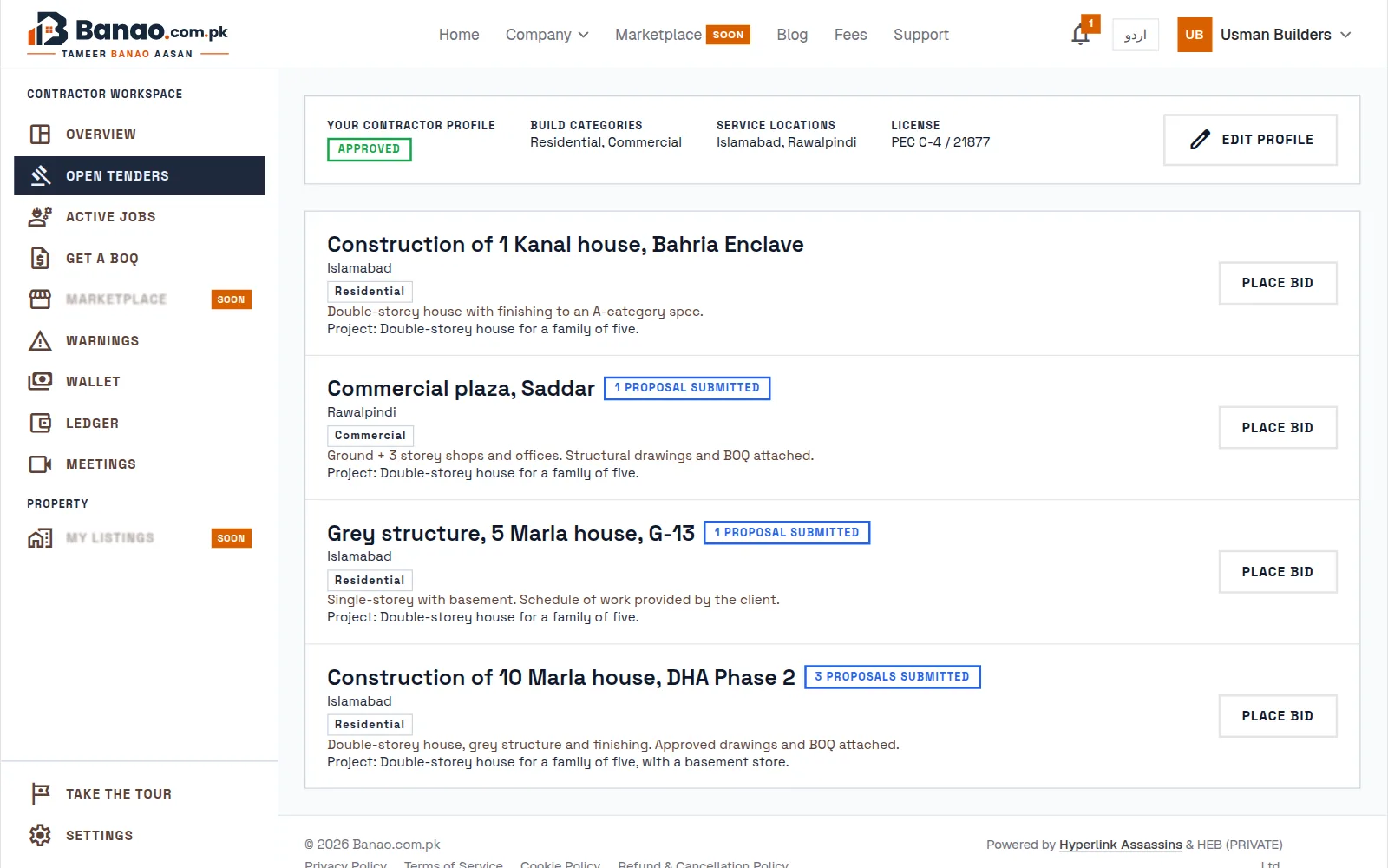 A contractor's list of open tenders, with their approved profile